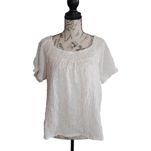 Lucky Brand White Smocked Textured Blouse, Size Medium